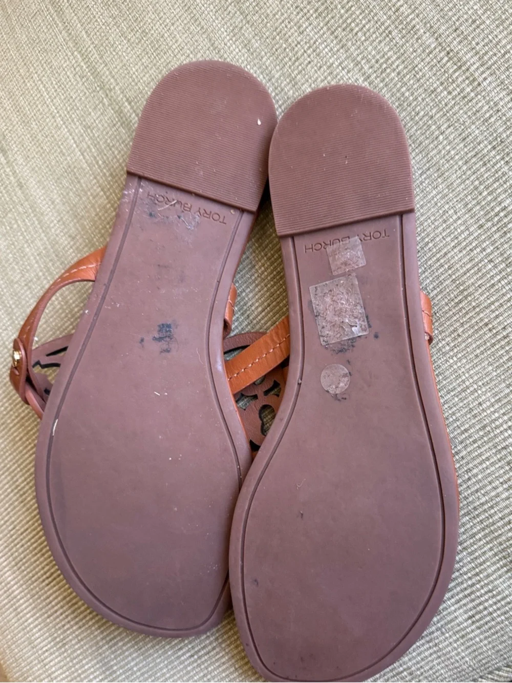 Tory Burch Cognac Leather Logo Thong Sandals